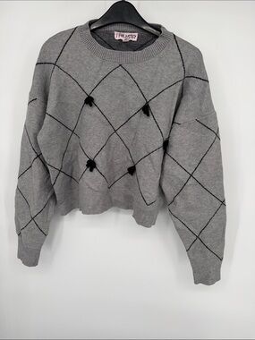 J for Justify  Gray Crewneck Sweater with Black diamonds and bows Stitch L